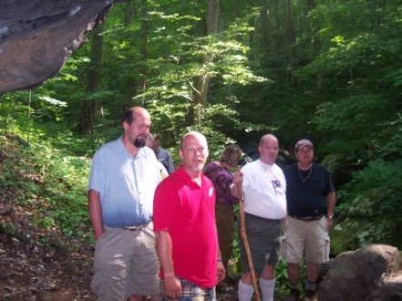 Tracking the war party in Pisgah National Forest L-R Conrad, Eric, Elizabeth (background), Patrick, Fitz